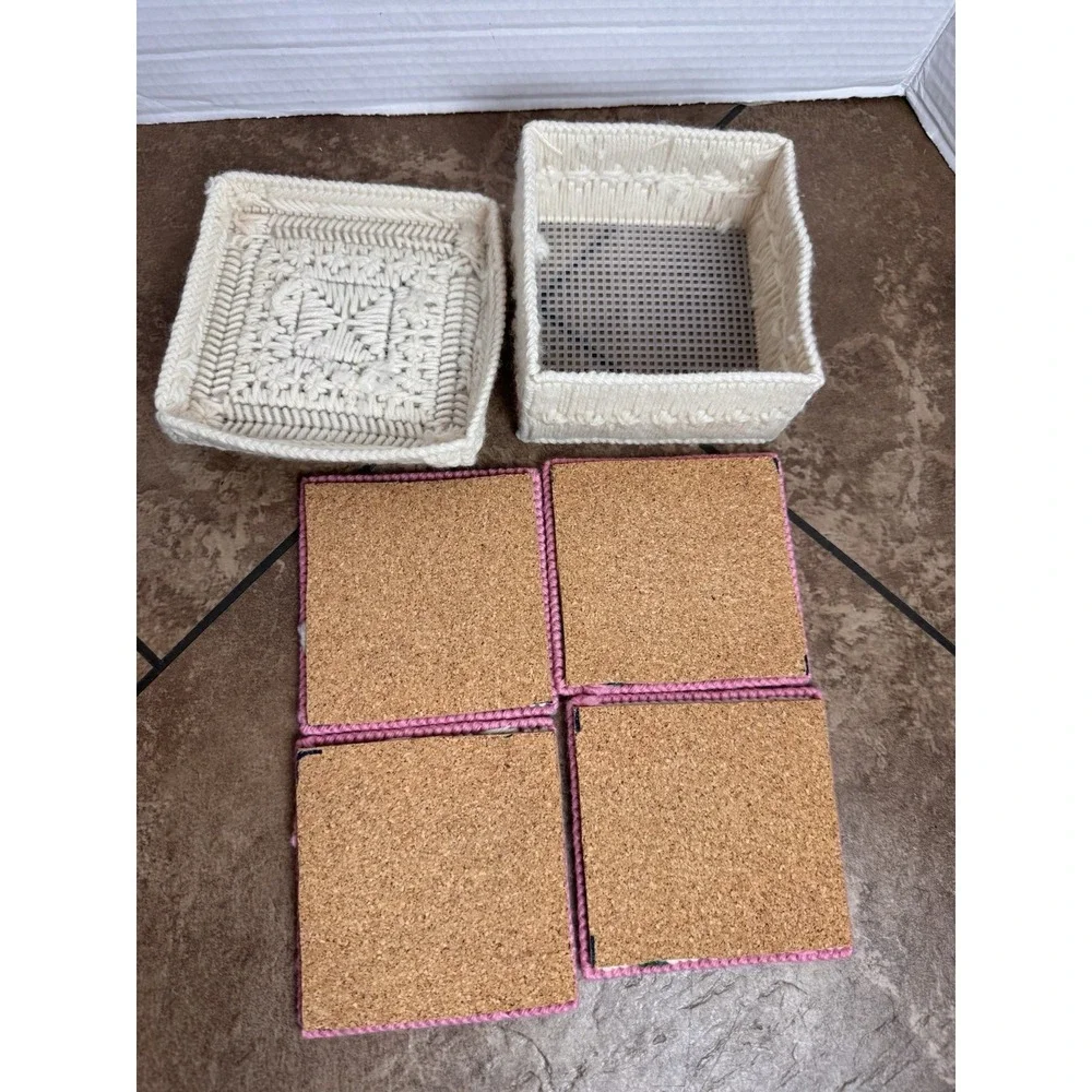 Vintage Floral Needlepoint Coasters Set of 4 Pink Rose Square 4x4